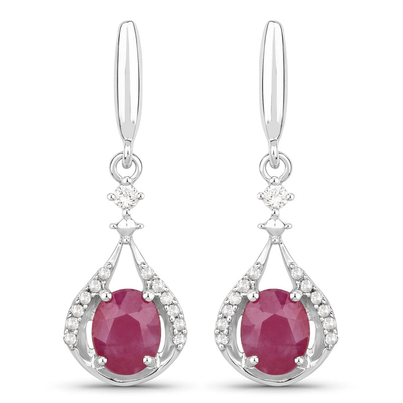 0.70 Carat Genuine Ruby and White Diamond 14K White Gold Earrings