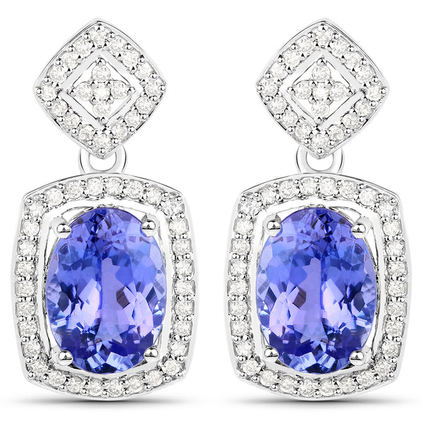 14K White Gold 5.29 Carat Genuine Tanzanite and White Diamond Earrings