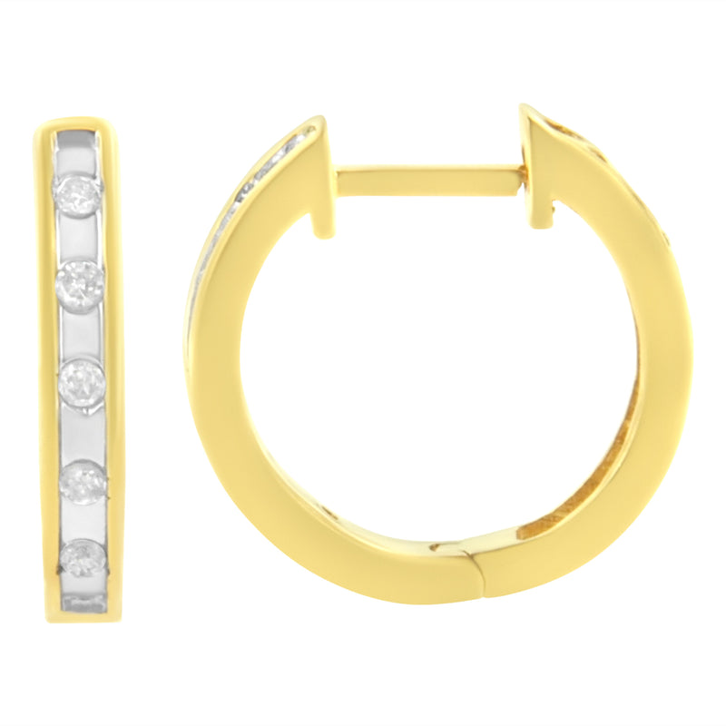 10K Yellow Gold Plated .925 Sterling Silver Channel Set Round-Cut Diamond Accent Classic Hoop Earrings (I-J Color, I1-I2 Clarity)