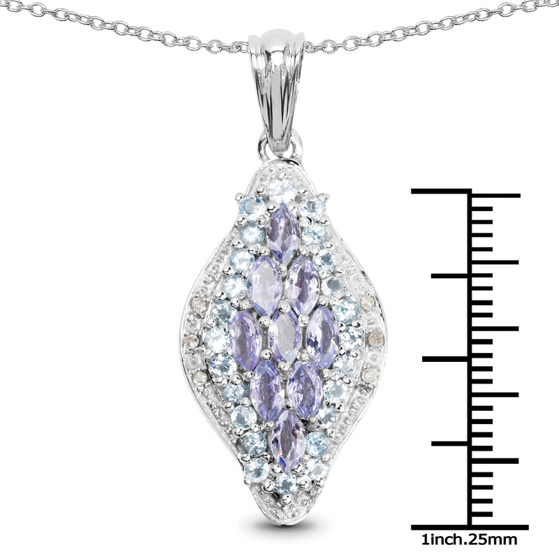 2.15 Carat Genuine Tanzanite, Blue Topaz and White Diamond .925 Sterling Silver Pendant