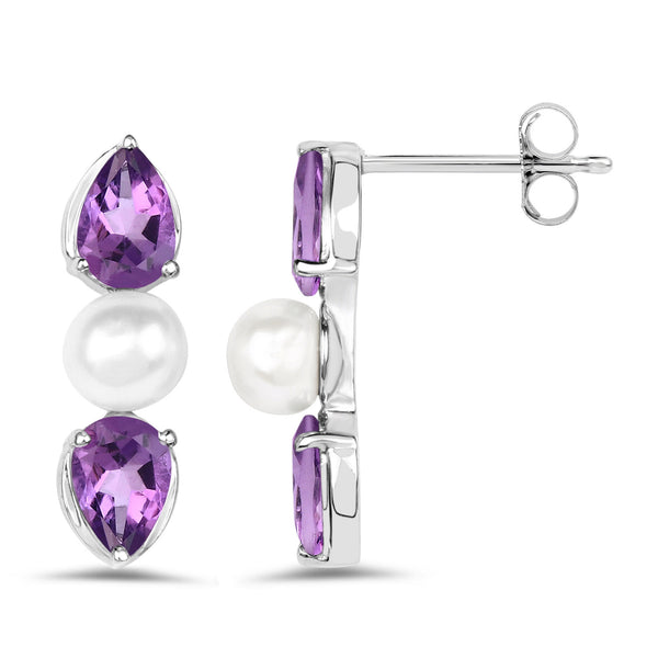 2.78 Carat Genuine Amethyst and Pearl .925 Sterling Silver Earrings