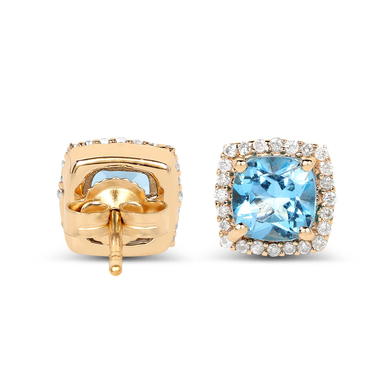 1.58 Carat Genuine Swiss Blue Topaz and White Diamond 14K Yellow Gold Earrings