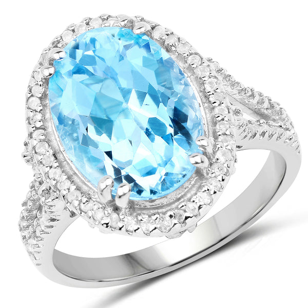 8.15 Carat Genuine Blue Topaz and White Topaz .925 Sterling Silver Ring