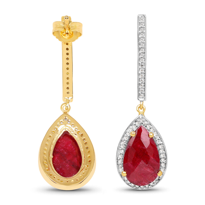 14K Yellow Gold Plated 10.96 Carat Dyed Ruby & White Topaz .925 Sterling Silver Earrings