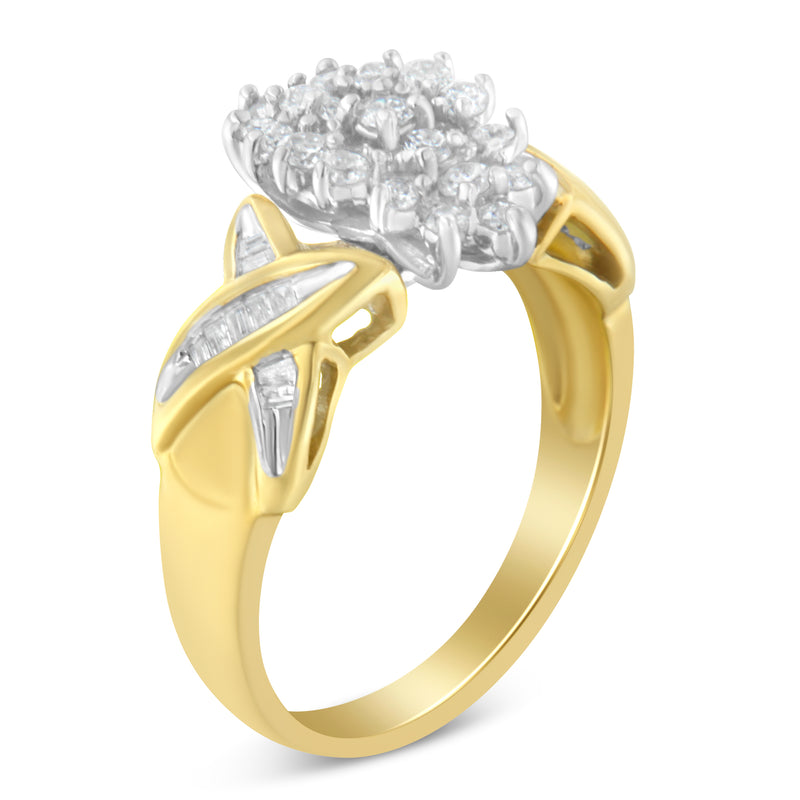10K Two-Toned Gold Round Baguette Diamond Cluster Ring (1/2 Cttw, I-J Color, I2-I3 Clarity) - Size 6-1/2