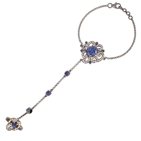 Blue Sapphire Pave Diamond Slave Bracelet Gold 925 Sterling Silver Jewelry