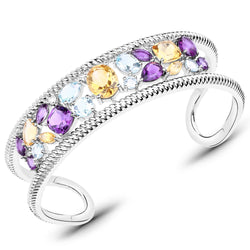 12.2 Carat Genuine Multi Stones .925 Sterling Silver Cuff Bangle