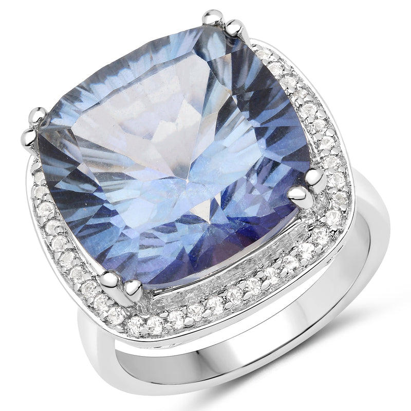 13.95 Carat Genuine Blue Mystic Quartz and White Topaz .925 Sterling Silver Ring