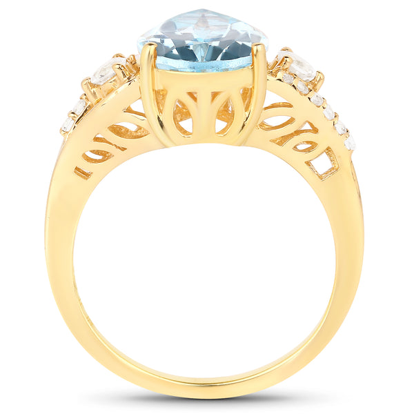 14K Yellow Gold Plated 3.98 Carat Genuine Blue Topaz and White Topaz .925 Sterling Silver Ring