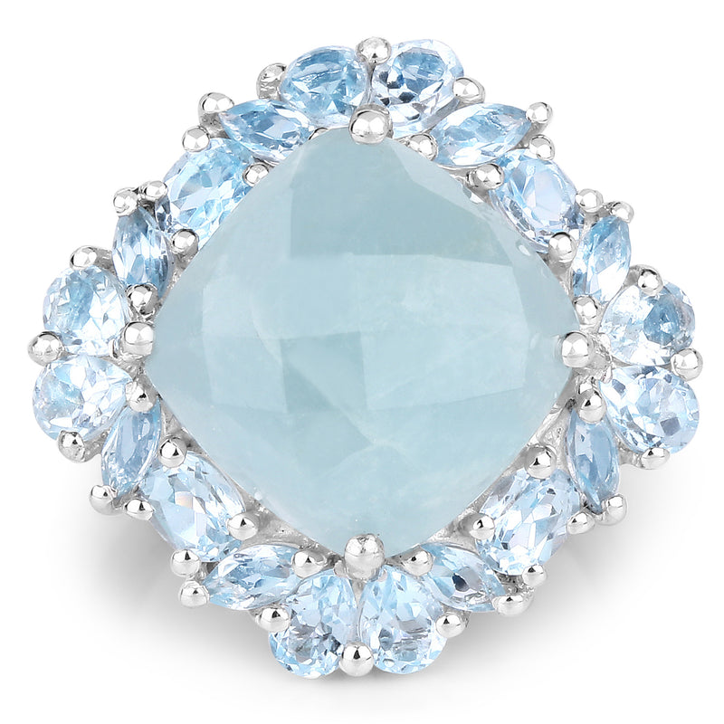 10.56 Carat Genuine Aquamarine & Blue Topaz .925 Sterling Silver Ring