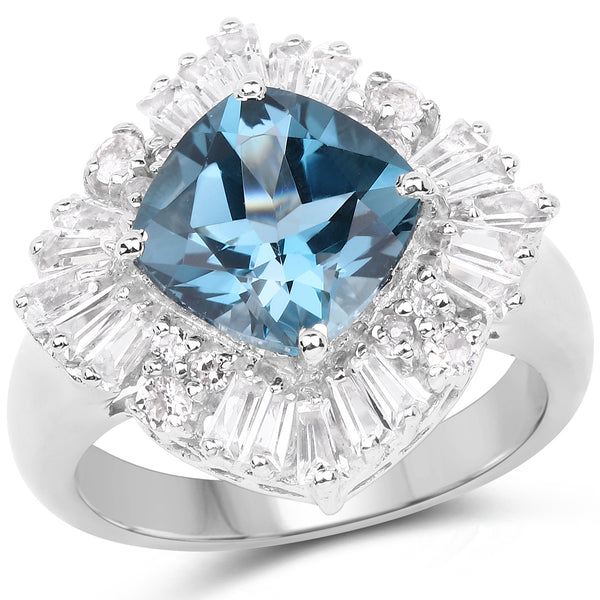 5.19 Carat Genuine London Blue Topaz & White Topaz .925 Sterling Silver Ring