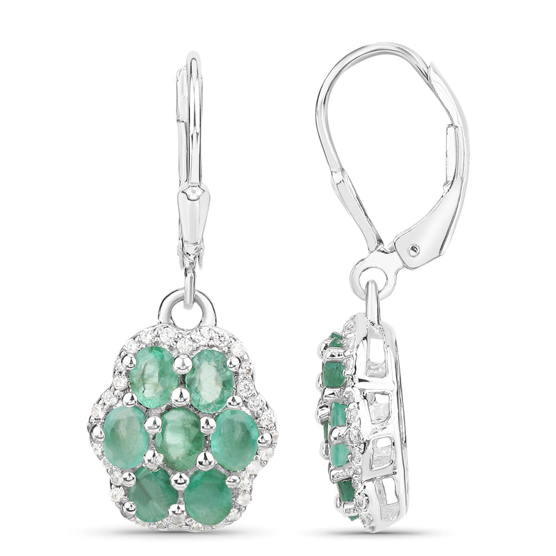 2.48 Carat Genuine Zambian Emerald and White Zircon .925 Sterling Silver Earrings