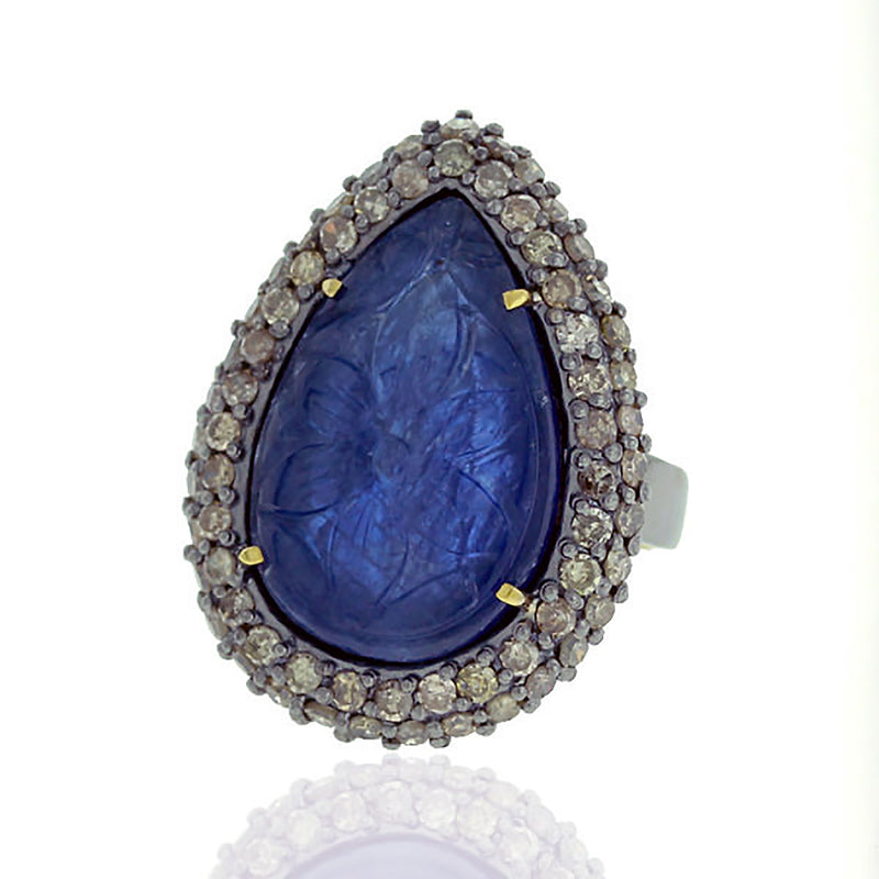 Pear Shape Blue Sapphire Diamond 18kGold 925 Silver Ring Jewelry