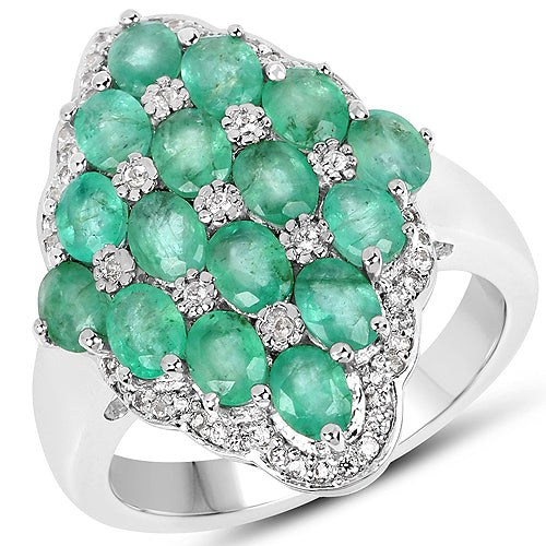 2.68 Carat Genuine Zambian Emerald and White Zircon .925 Sterling Silver Ring