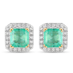 2.24 Carat Genuine Colombian Emerald and White Diamond 14K Yellow Gold Earrings