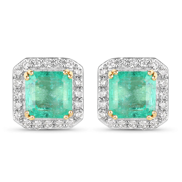 2.24 Carat Genuine Colombian Emerald and White Diamond 14K Yellow Gold Earrings