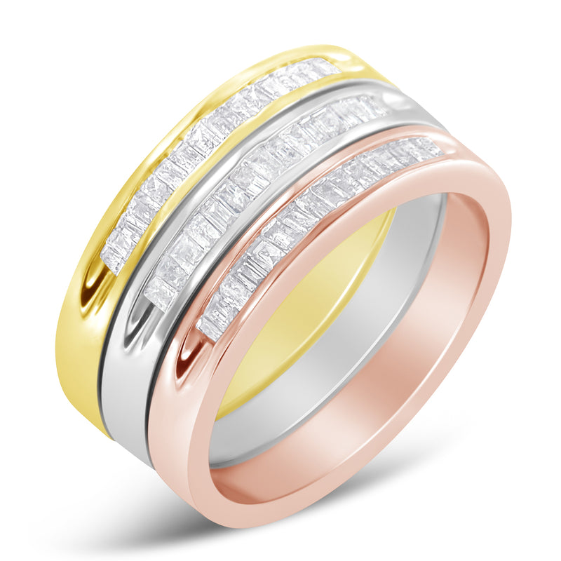 10K Yellow, White and Rose Gold over .925 Sterling Silver 5/8 Cttw Diamond Channel-Set Stackable Band Ring Set (H-I Color, I1-I2 Clarity) - Size 6 3/4