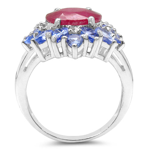 6.20 Carat Genuine Glass Filled Ruby, Tanzanite & White Topaz .925 Sterling Silver Ring