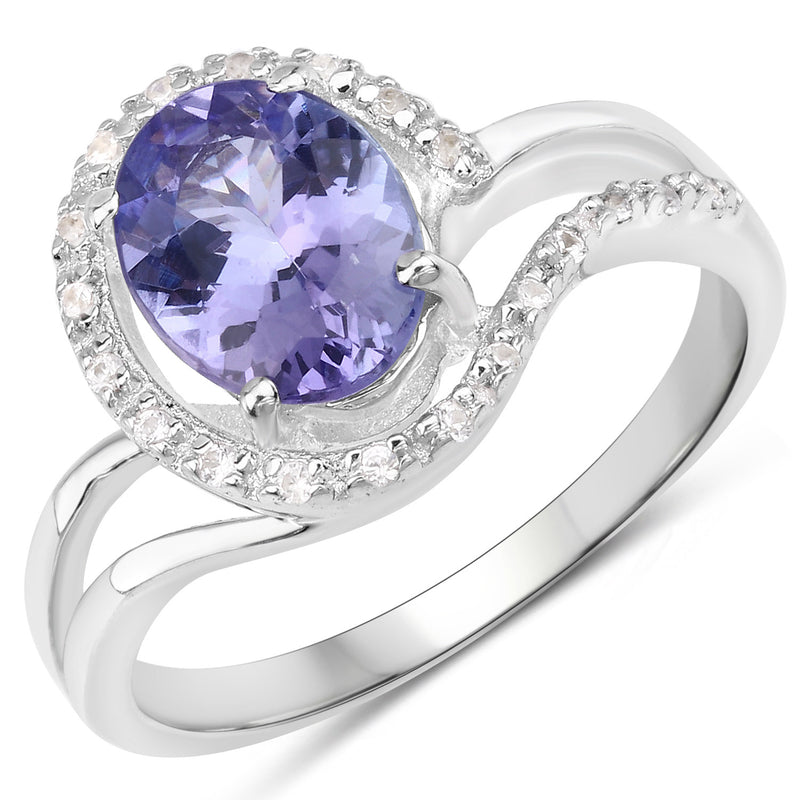 1.82 Carat Genuine Tanzanite and White Zircon .925 Sterling Silver Ring