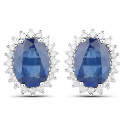 3.25 Carat Genuine Blue Sapphire and White Diamond 14K White Gold Earrings