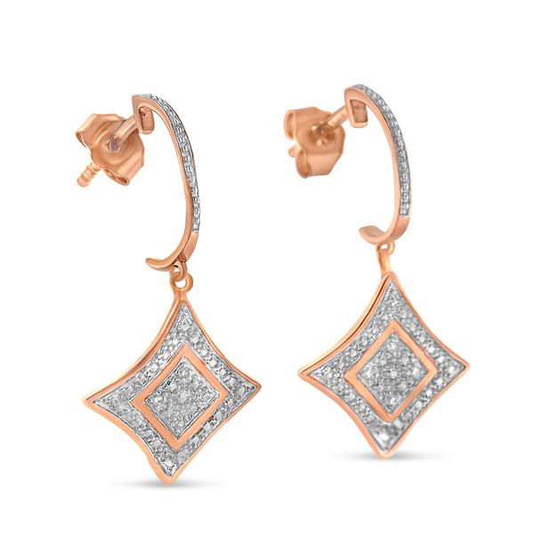 10K Rose Gold Plated Sterling Silver Round Cut Diamond Cushion Dangle Earrings (0.04 cttw, H-I Color, I2-I3 Clarity)