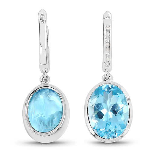 15.13 Carat Genuine Blue Topaz and White Diamond .925 Sterling Silver Earrings