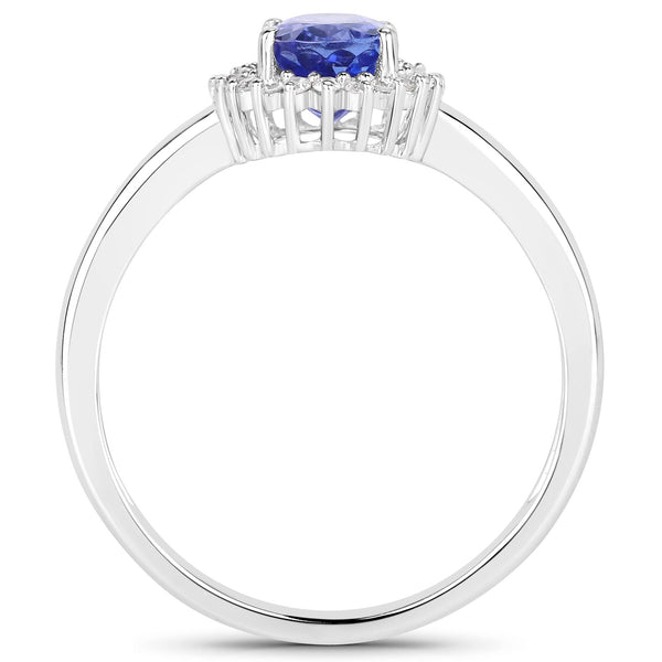 0.86 Carat Genuine Tanzanite and White Diamond 14K White Gold Ring