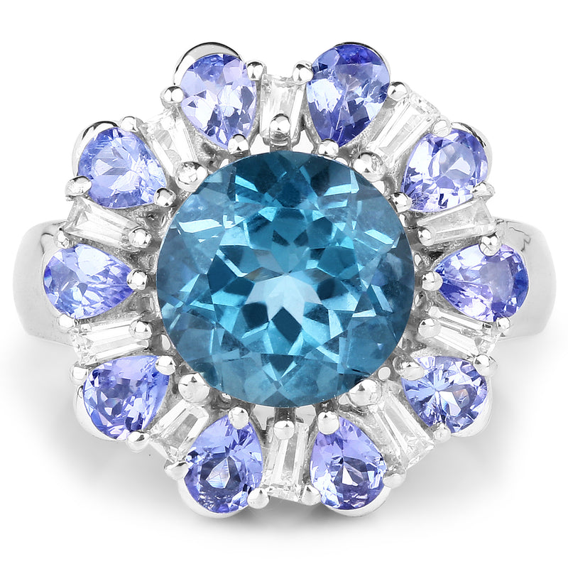 6.19 Carat Genuine London Blue Topaz, Tanzanite & White Topaz .925 Sterling Silver Ring