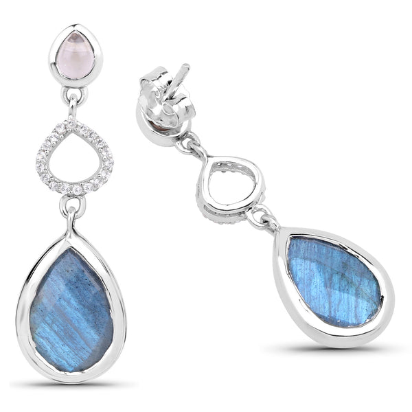 9.57 Carat Genuine Rose Quartz, Labradorite And White Topaz .925 Sterling Silver Earrings