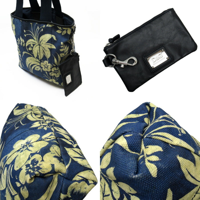 DOLCE & GABBANA Handbag Tote Bag Navy Ivory Black Canvas Leather