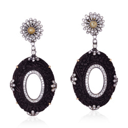 12.6ct Carved Wood Dangle Earrings Gold 925 Sterling Silver Diamond Jewelry