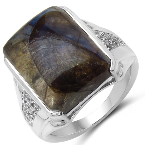 13.94 Carat Genuine Labradorite & White Topaz .925 Sterling Silver Ring