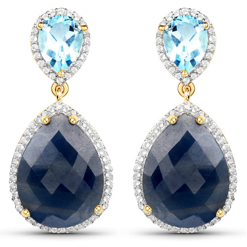 18K Yellow Gold Plated 19.34 Carat Genuine Blue Sapphire, Blue Topaz and White Topaz .925 Sterling Silver Earrings