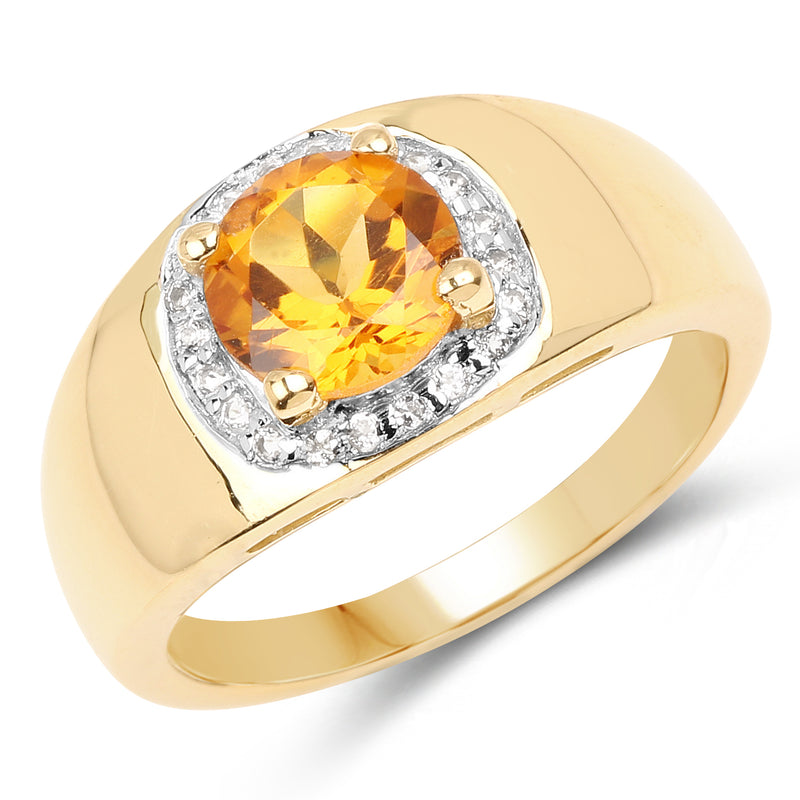 14K Yellow Gold Plated 1.30 Carat Genuine Citrine and White Topaz .925 Sterling Silver Ring