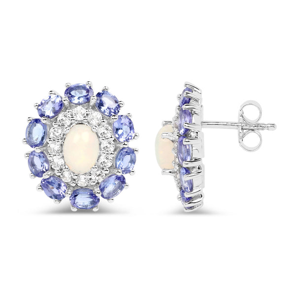 5.32 Carat Genuine Ethiopian Opal, Tanzanite and White Topaz .925 Sterling Silver Earrings