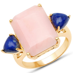 12.18 Carat Genuine Pink Opal and Lapis .925 Sterling Silver Ring