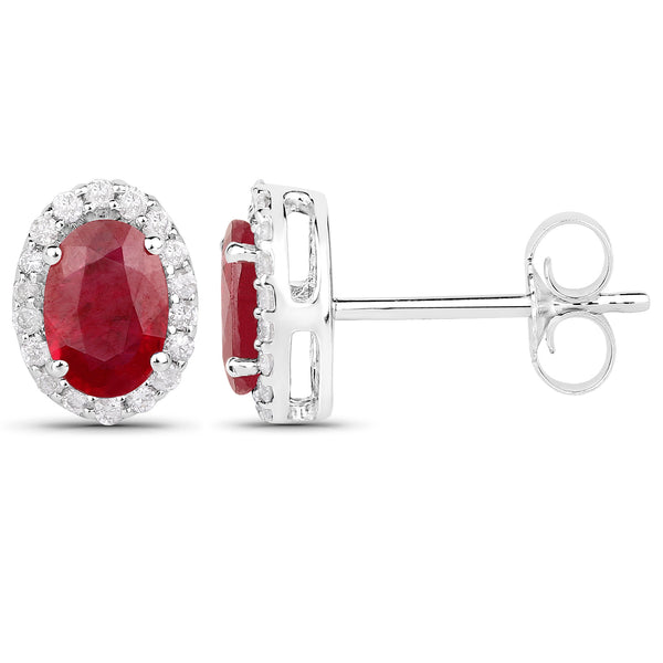 1.23 Carat Genuine Ruby and White Diamond 18K White Gold Earrings