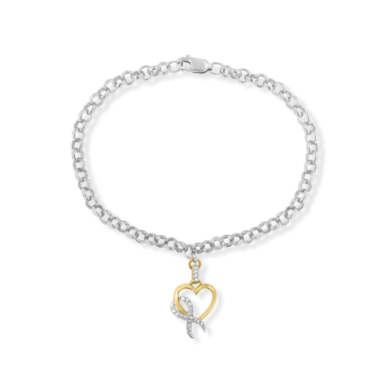 10K Yellow Gold 1/10 Cttw Diamond Awareness Ribbon & Heart Charm on 7" .925 Sterling Silver Rolo Bracelet (H-I Color, I1-I2 Clarity)