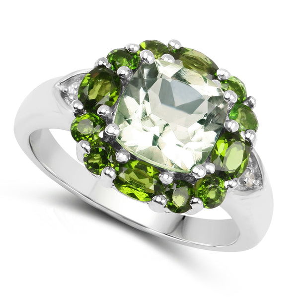 3.49 Carat Genuine Green Amethyst, Chrome Diopside & White Topaz .925 Sterling Silver Ring