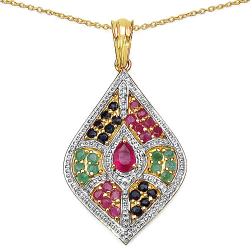 14K Gold Plated 0.45 Carat Glass Filled Ruby Pendant with 1.58 ct. t.w. Multi-Gems in Sterling Silver