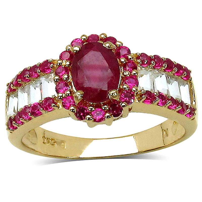 2.89 Carat Glass Filled Ruby, Created Ruby and White Topaz .925 Sterling Silver Ring