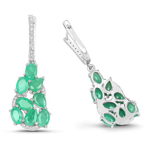 6.69 Carat Genuine Emerald and White Diamond .925 Sterling Silver Earrings