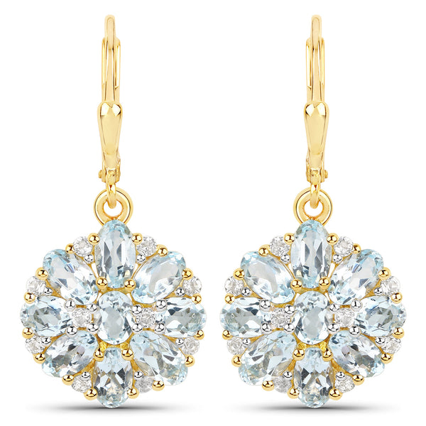 18K Yellow Gold Plated 4.58 Carat Genuine Blue Topaz and White Topaz .925 Sterling Silver Earrings