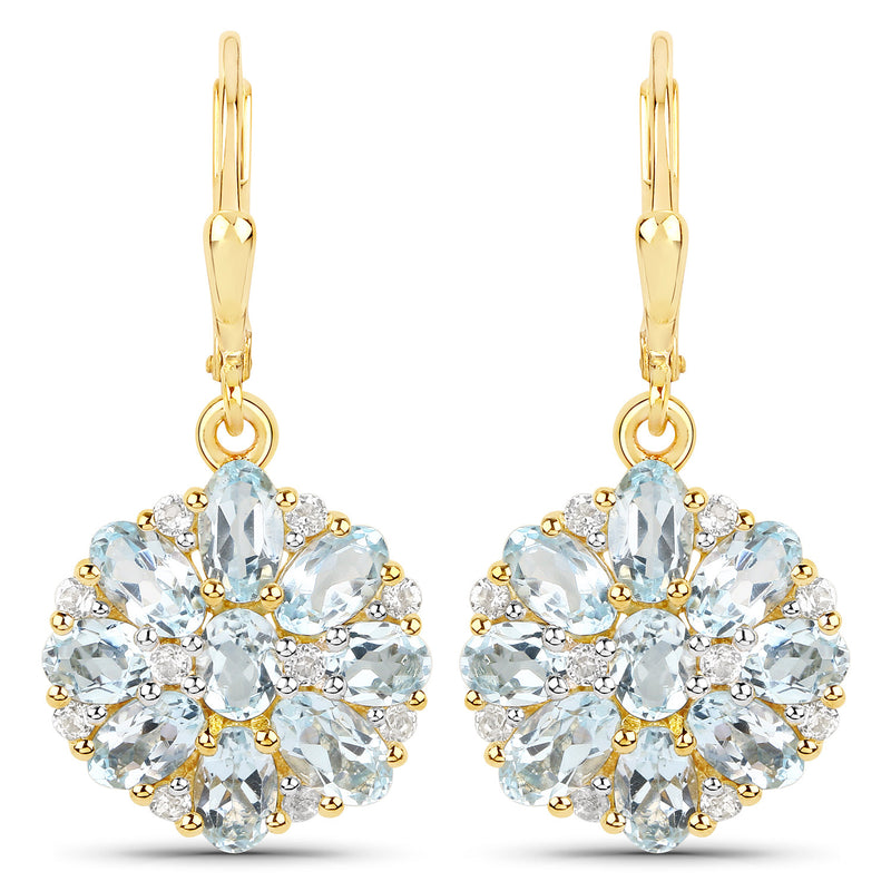 18K Yellow Gold Plated 4.58 Carat Genuine Blue Topaz and White Topaz .925 Sterling Silver Earrings