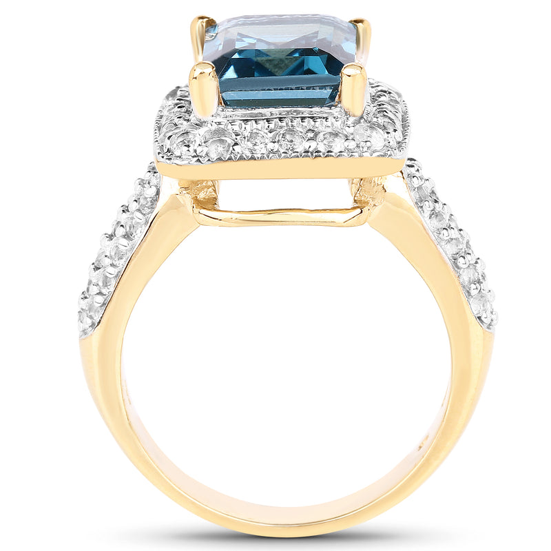 14K Yellow Gold Plated 5.03 Carat Genuine London Blue Topaz and White Topaz .925 Sterling Silver Ring