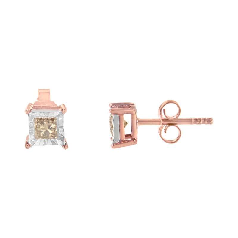 14K Rose Gold Plated Two-Tone .925 Sterling Silver 1/2 Cttw Princess-Cut Square Diamond Solitaire Miracle-Plate Stud Earrings (K-L Color, I2-I3 Clarity)