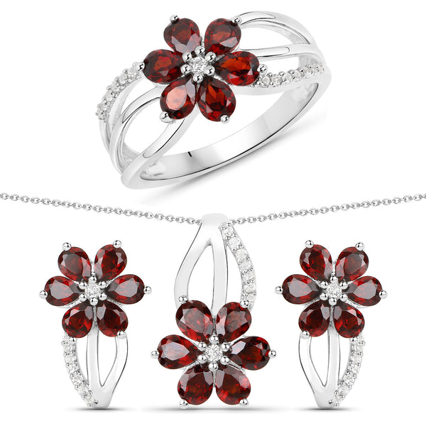 4.57 Carat Genuine Garnet and White Topaz .925 Sterling Silver 3 Piece Jewelry Set (Ring, Earrings, and Pendant w/ Chain)