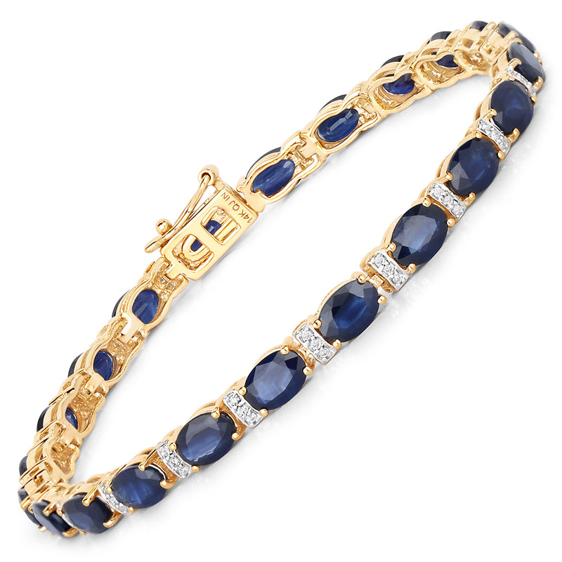 10.79 Carat Genuine Blue Sapphire and White Diamond 14K Yellow Gold Bracelet