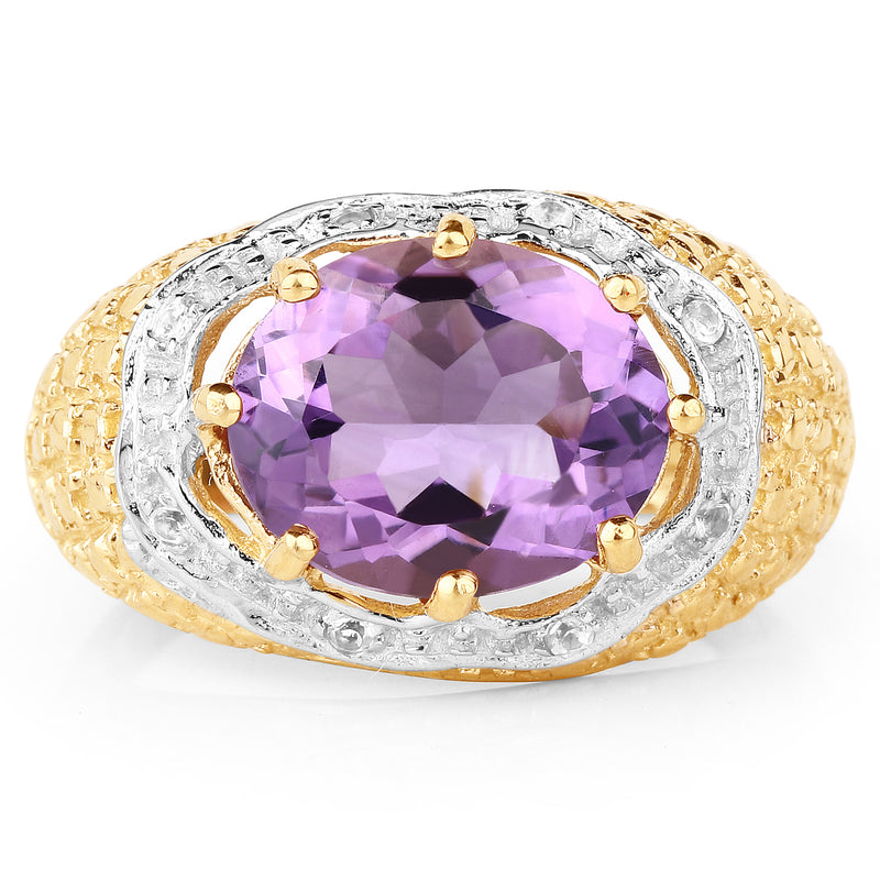 14K Yellow Gold Plated 3.92 Carat Genuine Amethyst and White Topaz .925 Sterling Silver Ring