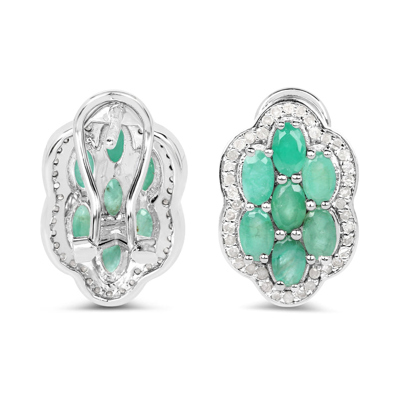 3.24 Carat Genuine Emerald and White Diamond .925 Sterling Silver Earrings